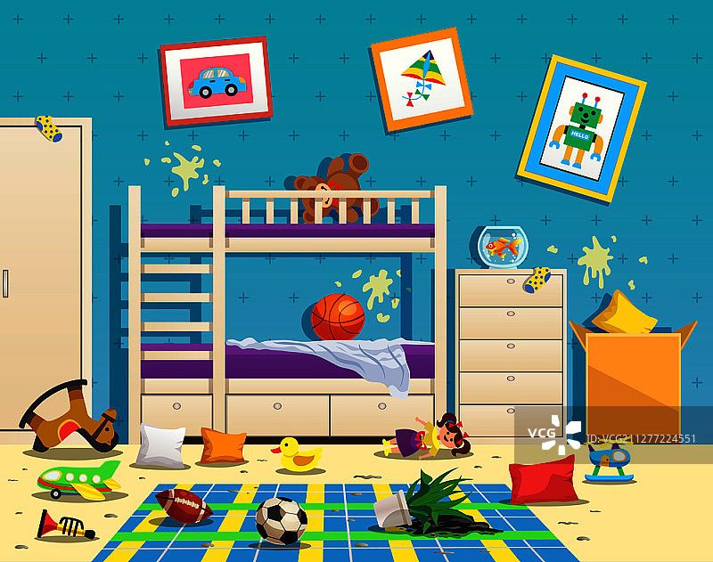 凌乱的儿童房间内部，墙上有脏污渍，地板上散落着玩具平面矢量插图图片素材