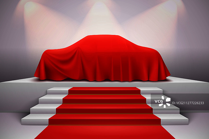 豪华轿车覆盖着红色丝绸帘布，在讲台上展示楼梯地毯与现实的矢量插图图片素材