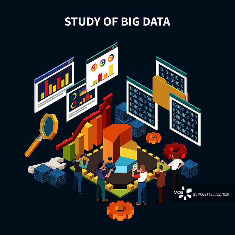 等距大数据分析组成与研究大数据和统计孤立元素矢量插图图片素材