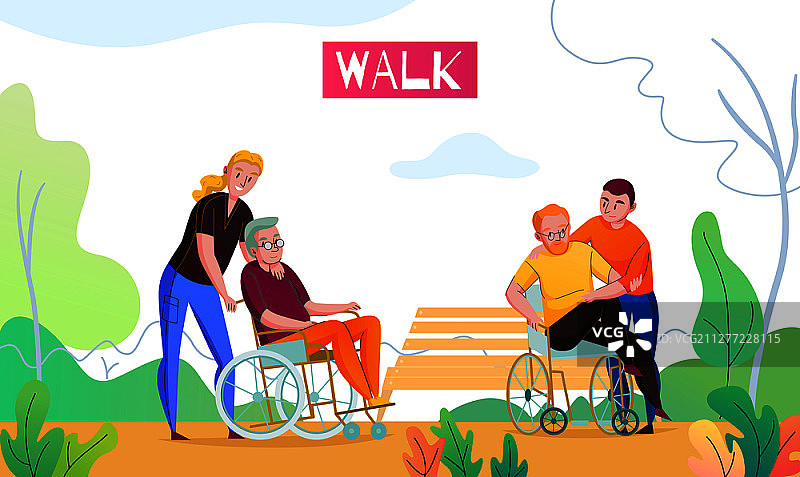 护理之家户外活动与医护人员和志愿者步行与轮椅有限的居民平面矢量插图图片素材