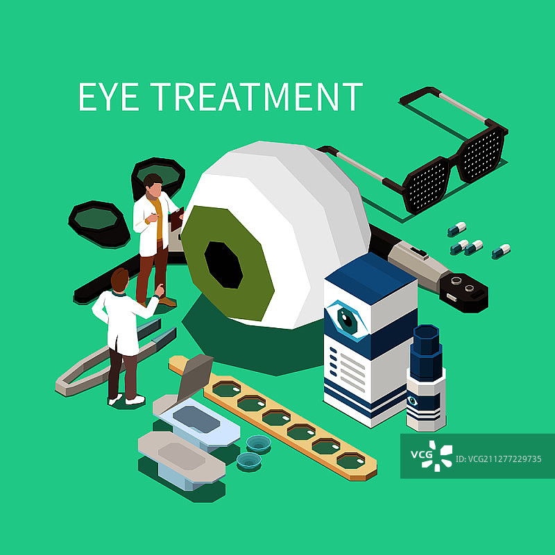 眼科等距组成与眼科医生仪器和药物治疗眼三维矢量插图图片素材