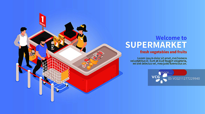 超市网站横向等距设计，用在线蔬菜水果杂货店提供购物篮，顾客支付符号矢量插图图片素材