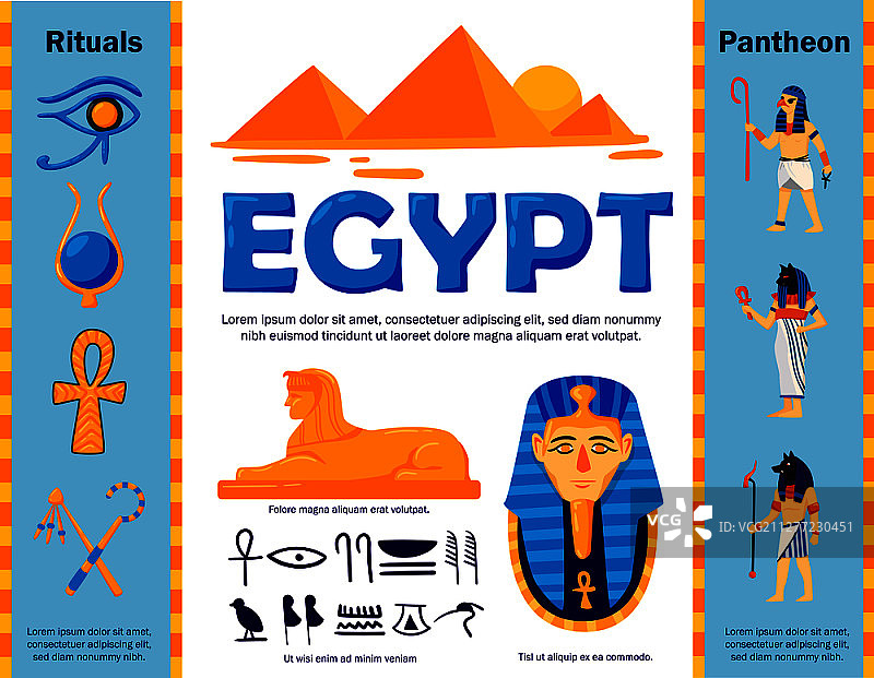 埃及流程图组成与真实的埃及符号和古代字符与可编辑的文本字幕和符号矢量插图图片素材