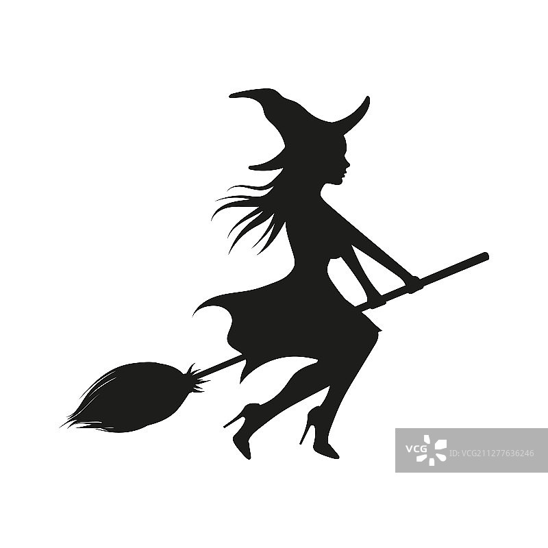 骑在扫帚上的女巫，黑色的剪影图片素材