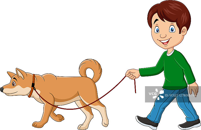 可爱的男孩和狗散步图片素材