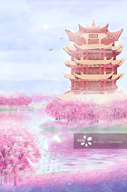 武汉市的黄鹤楼周围，樱花正盛开插画背景图片素材