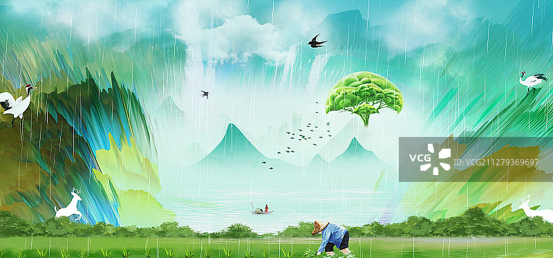 绿色新中式淡雅插秧山水插画图片素材