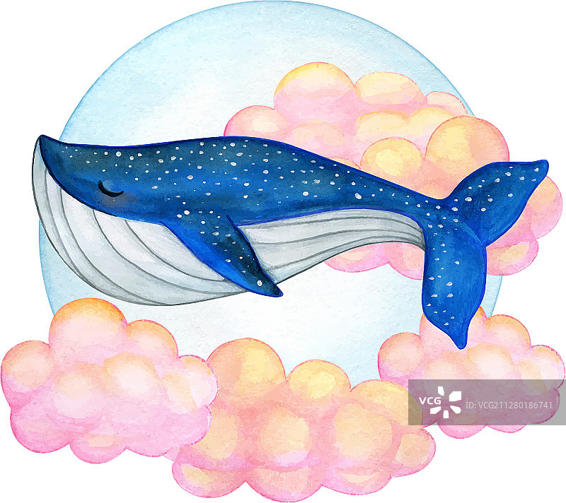 水彩蓝鲸在粉红色的云朵上游泳图片素材