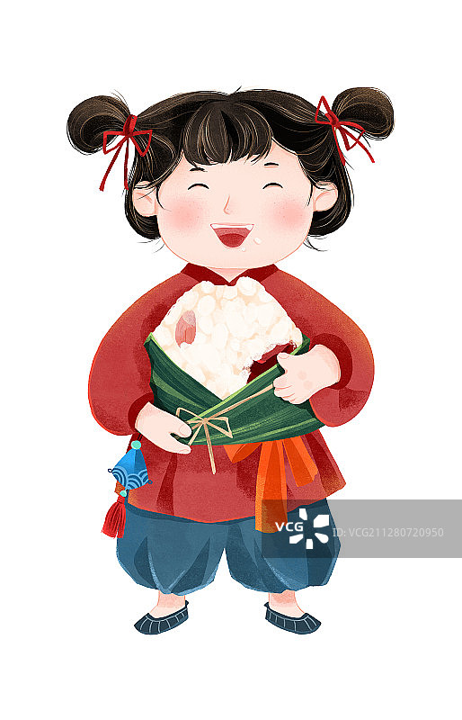 端午节抱着粽子吃的小女孩插画图片素材