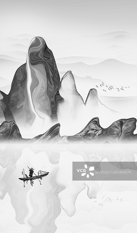 新中式淡雅山水插画图片素材