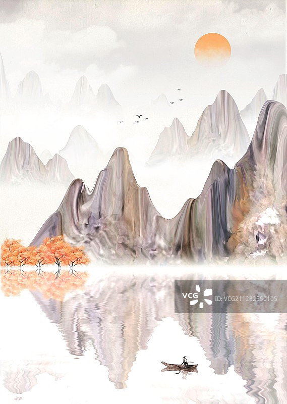 手绘中国风彩色意境山水画图片素材