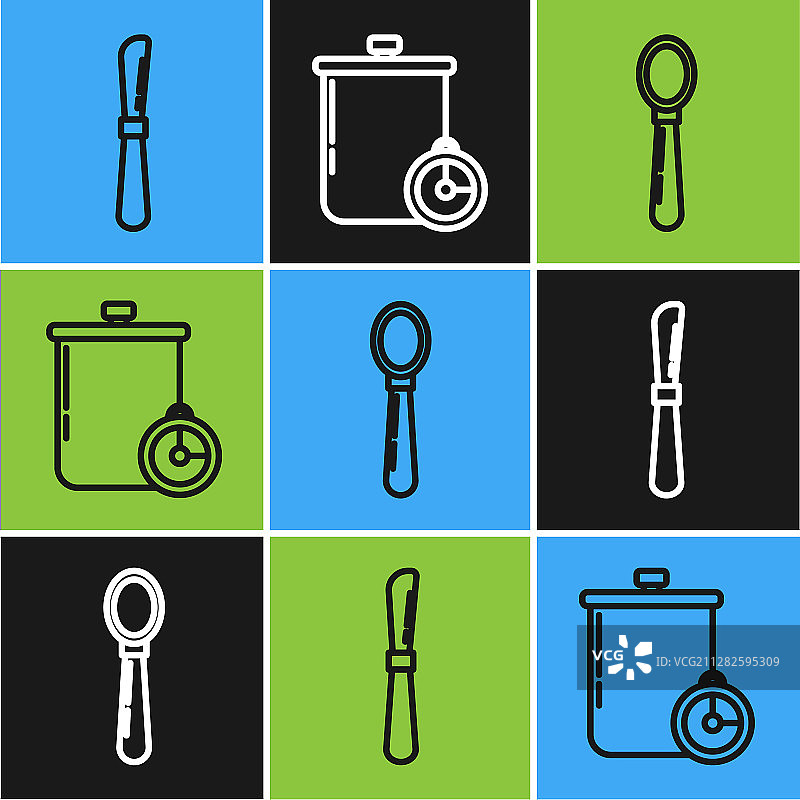 设置线刀、匙、锅和厨房图片素材