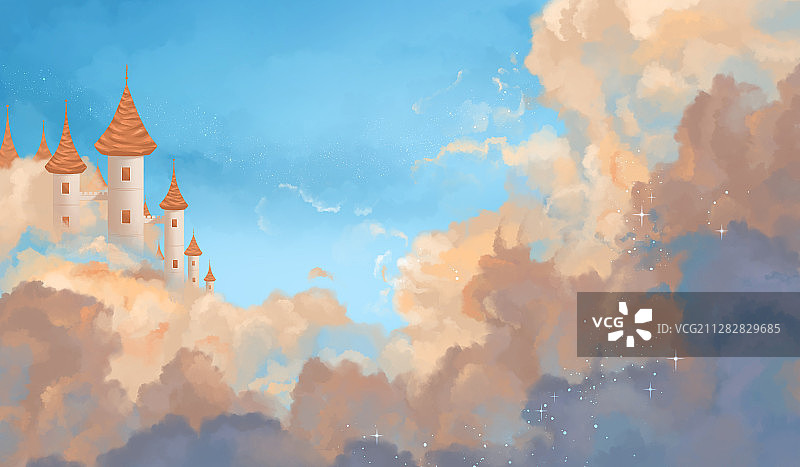天空中的城堡插画背景横版图片素材