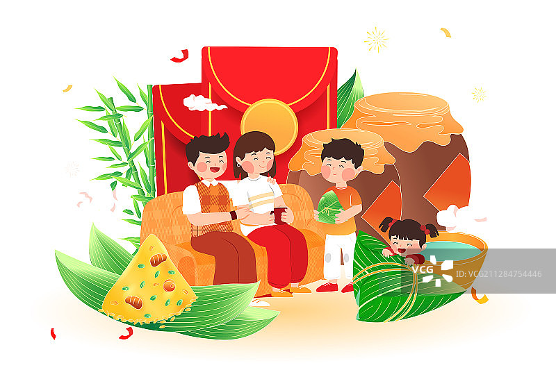 卡通家人团聚朋友庆祝活动红包端午节传统节日习俗中国风矢量插画图片素材