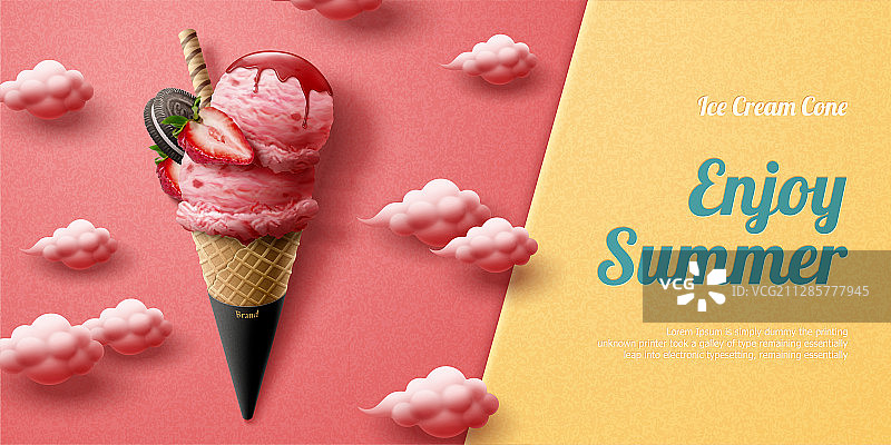 草莓甜筒广告与可爱云朵装饰图片素材