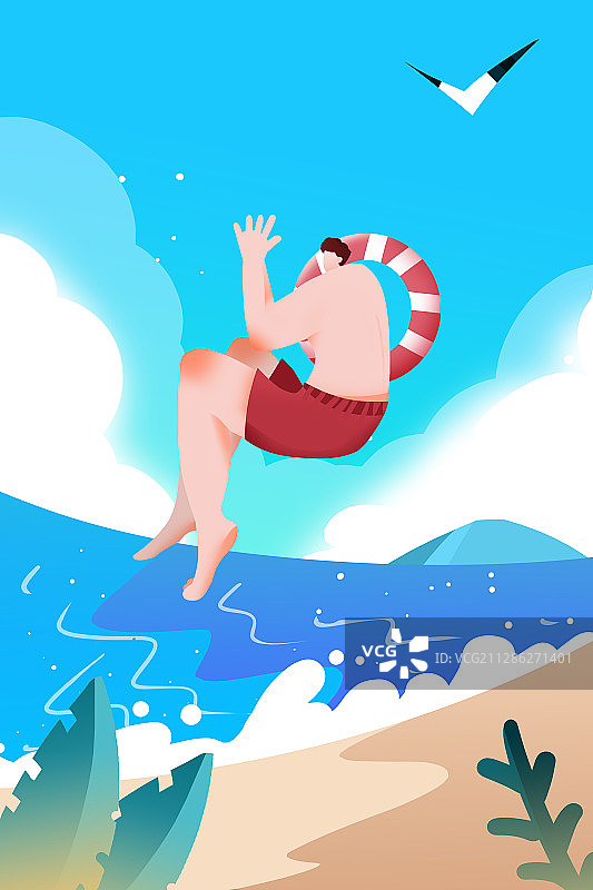 卡通手绘男子带着游泳圈跳水插画图片素材