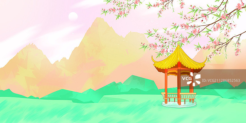 中国风水彩旅游景观插图山水亭台楼阁图片素材