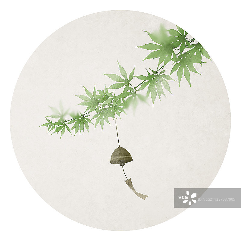 夏季古风绿色枫叶圆形插画图片素材