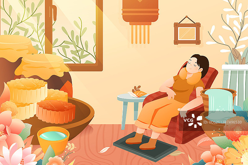 卡通中秋节月饼桂花酒美食活动礼盒中国风背景矢量插画图片素材