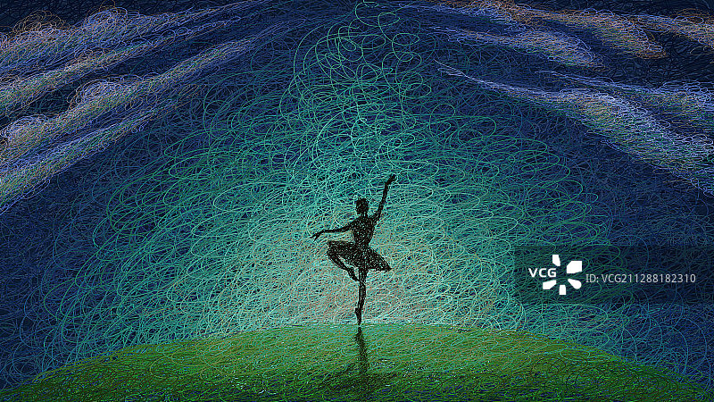 夜空下少女在蓝绿色极光前跳芭蕾舞线圈插画图片素材