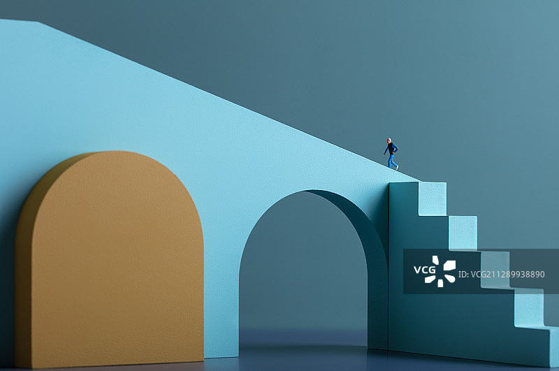 马卡龙色几何体抽象建筑阶梯拱门上奔跑图片素材
