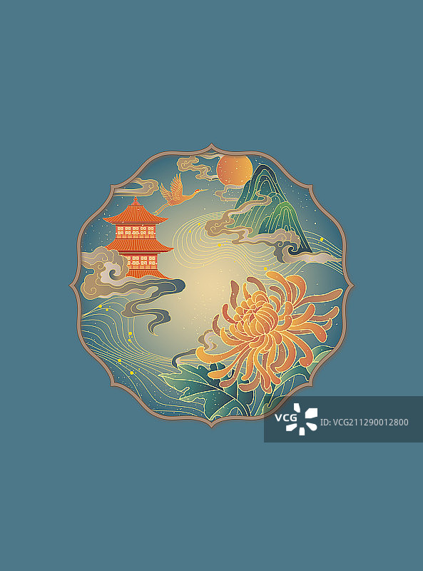 复古的中国风山水插画在艺术框内图片素材