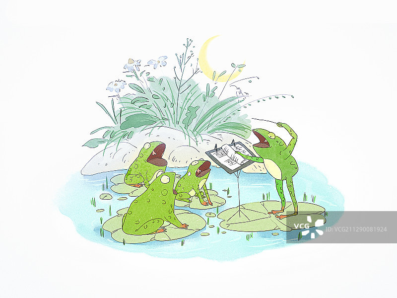 夜晚青蛙合唱团在排练情景儿童插画图片素材