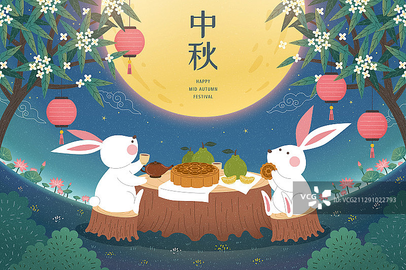 玉兔野餐赏月庆祝中秋节图片素材