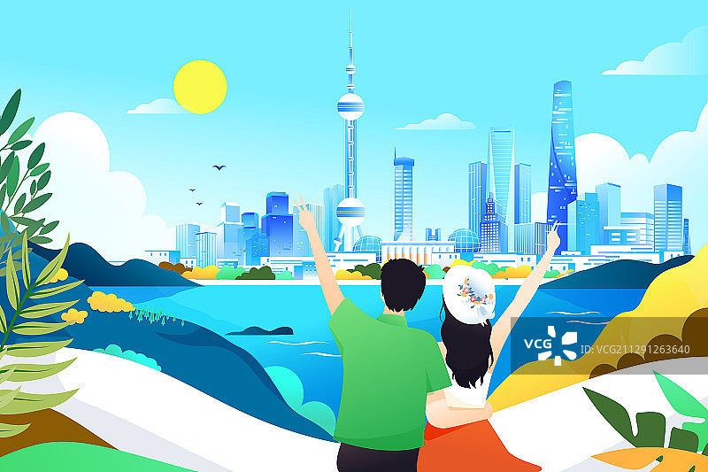 夏季出游情侣度假约会上海外滩风景建筑背景矢量插画图片素材