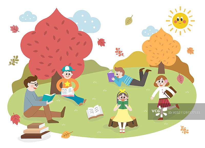 矢量插图的儿童玩户外阅读在公园图片素材