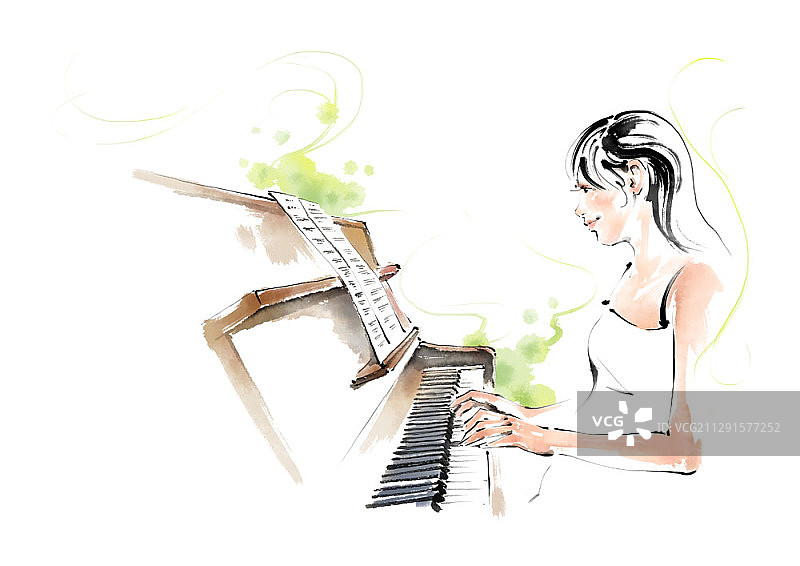 音乐家钢琴演奏的水墨水彩插画图片素材