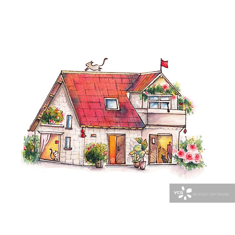 清新水彩手绘卡通童趣的建筑房屋系列红色欧式别墅小房子图片素材