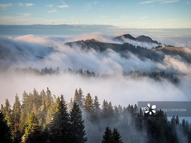 低覆盖森林山顶，Lenggries，巴伐利亚，德国图片素材