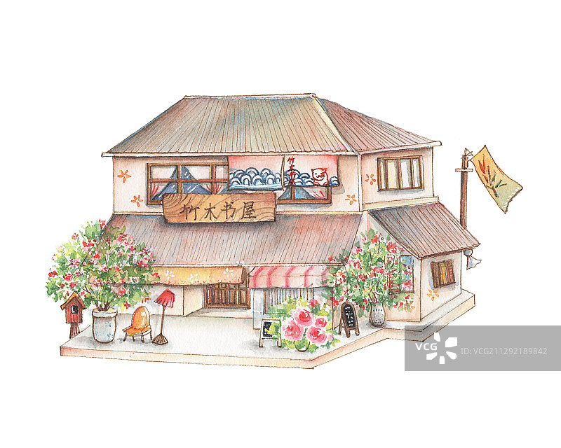 清新水彩手绘卡通童趣的建筑房屋系列复古书店图片素材