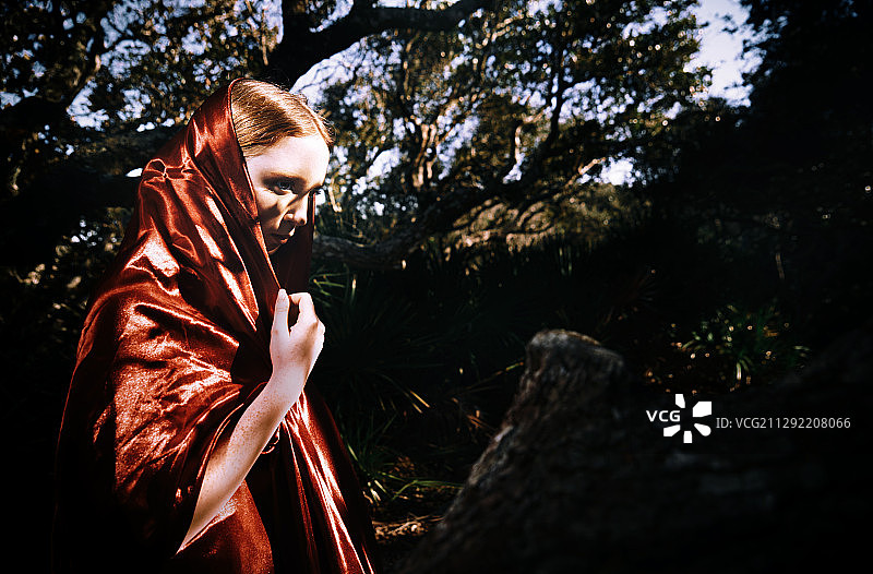 年轻的少女穿着红色的布料在野生森林里。很适合书的封面图片素材