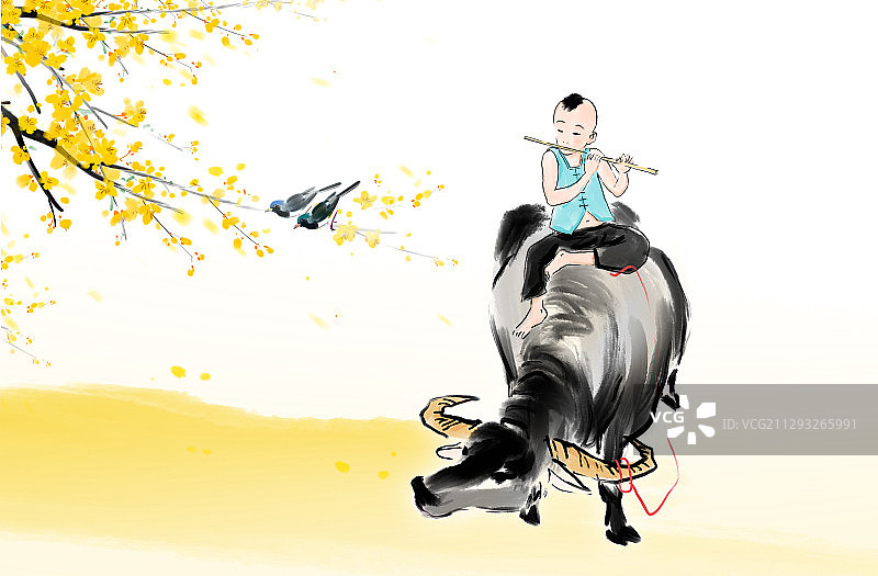 中国风牛年插画台历二月迎春花开了图片素材