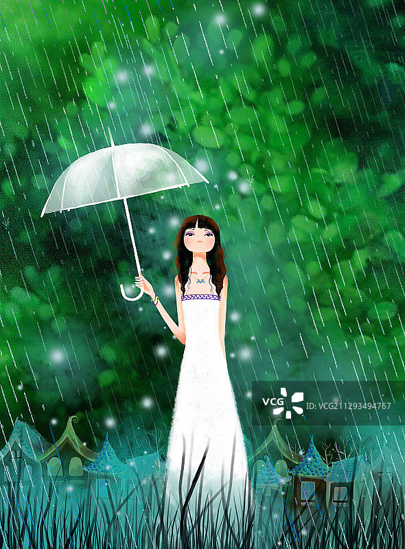 唯美时尚女孩人物插画-下雨了，漂亮女孩打着伞图片素材