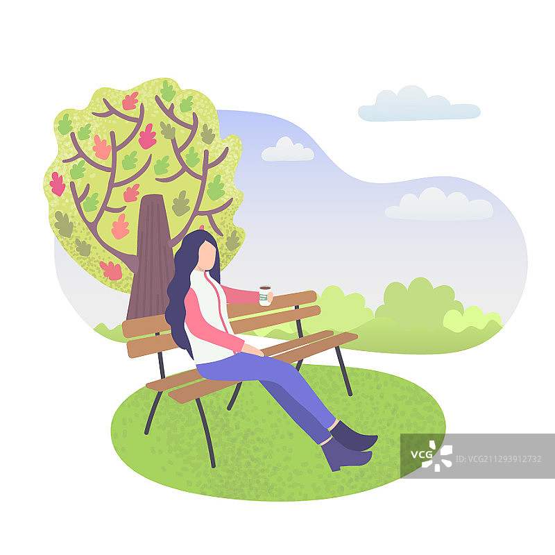 城市公园里性格孤僻的女孩坐在长椅上图片素材