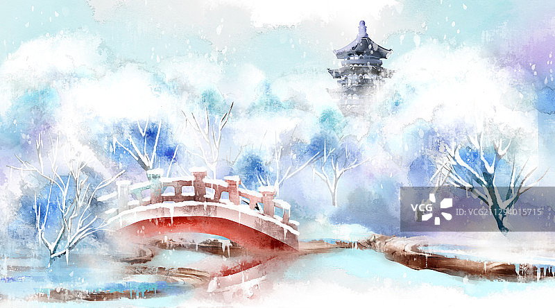 中国风冬天园林风景插画图片素材