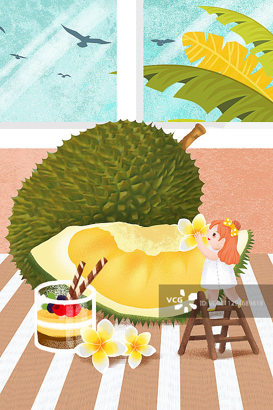 热带水果榴莲和拿着鸡蛋花的女孩图片素材