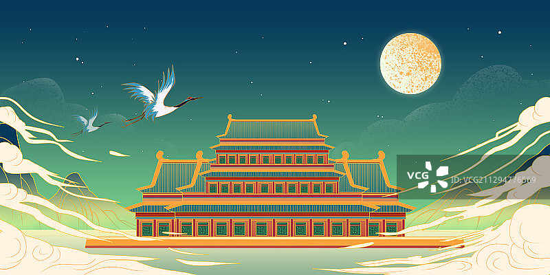 中秋节中国风城市建筑插画背景图片素材