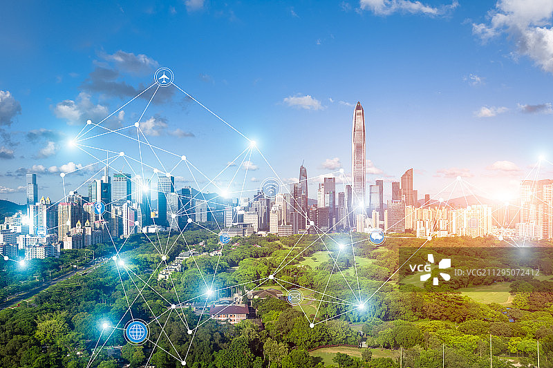 深圳城市风光和5G网络智慧城市概念图片素材