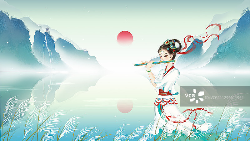 芦苇中仙女吹笛中国风手绘插画图片素材