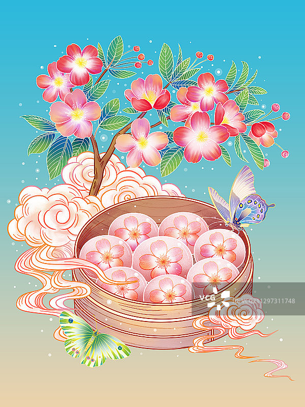 国风樱花水晶月饼蝴蝶插画图片素材