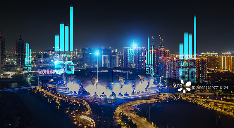 夜景航拍杭州亚运会馆市天际线建筑5G互联网无线科技数据云计算图片素材