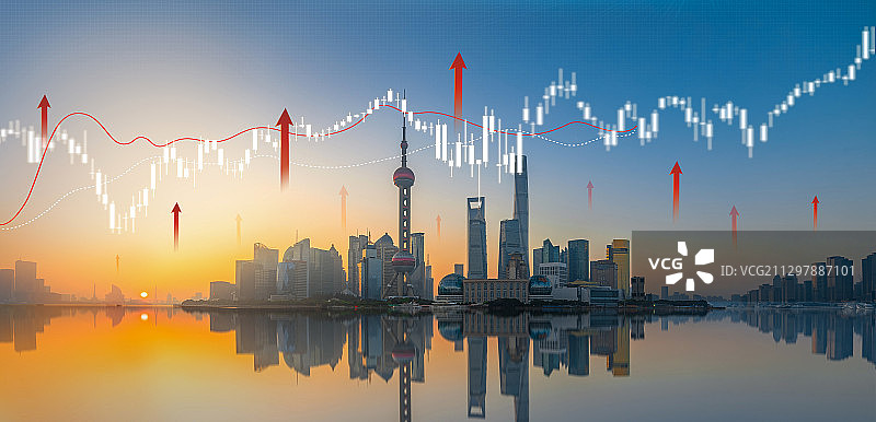 日出上海陆家嘴城市天际线全球商务经济金融中心股市上涨K线图图片素材