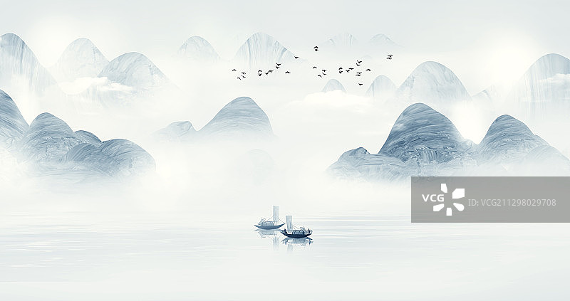 中国风蓝色意境水墨山水画图片素材