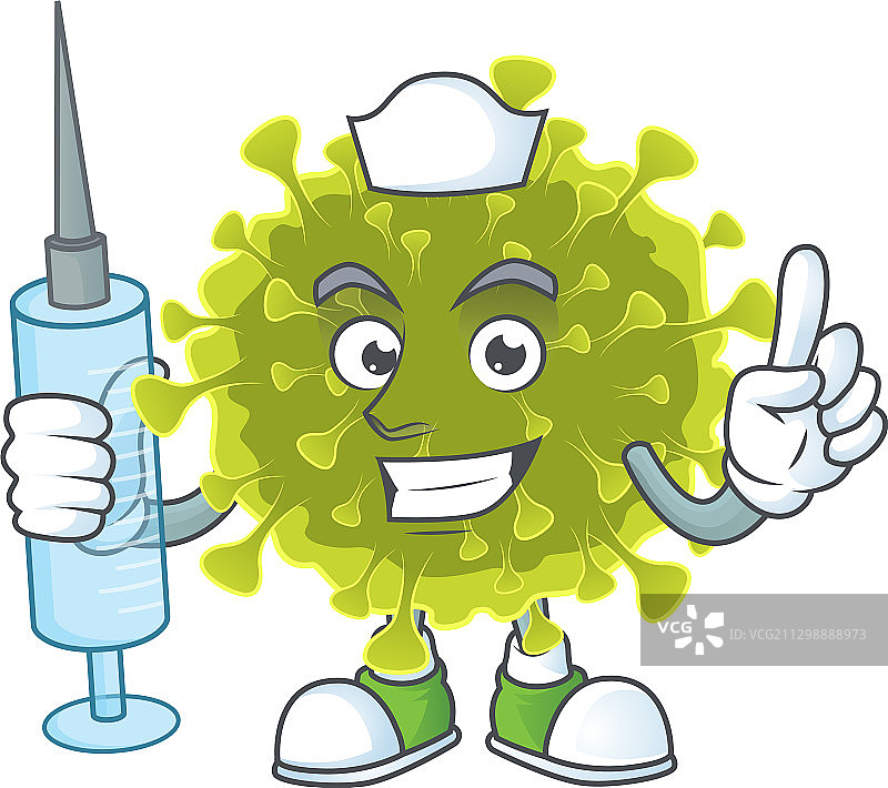 一个愉快的护士冠状病毒吉祥物使用注射器图片素材