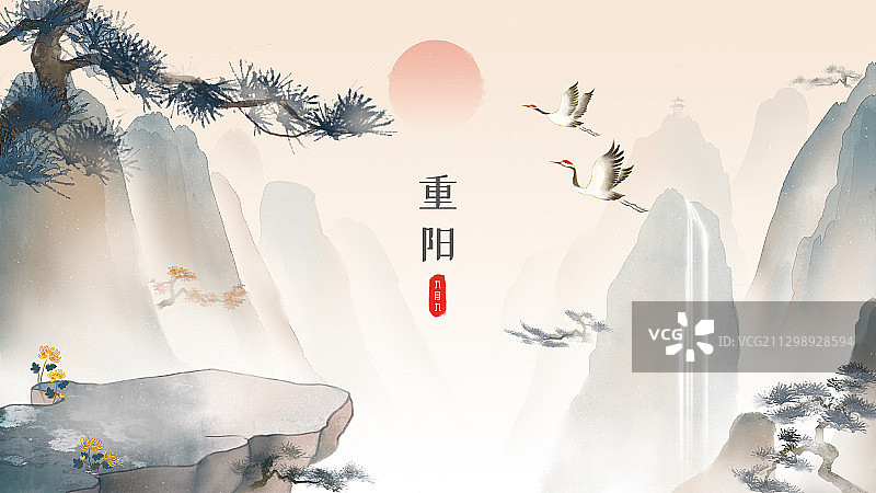 唯美山川悬崖松树中国风水墨画图片素材