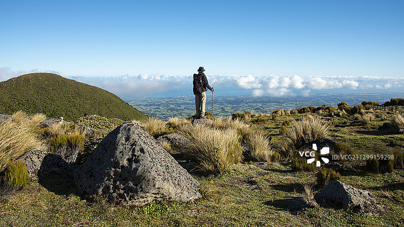 后视图的人站在山对天空，Eltham，新西兰图片素材